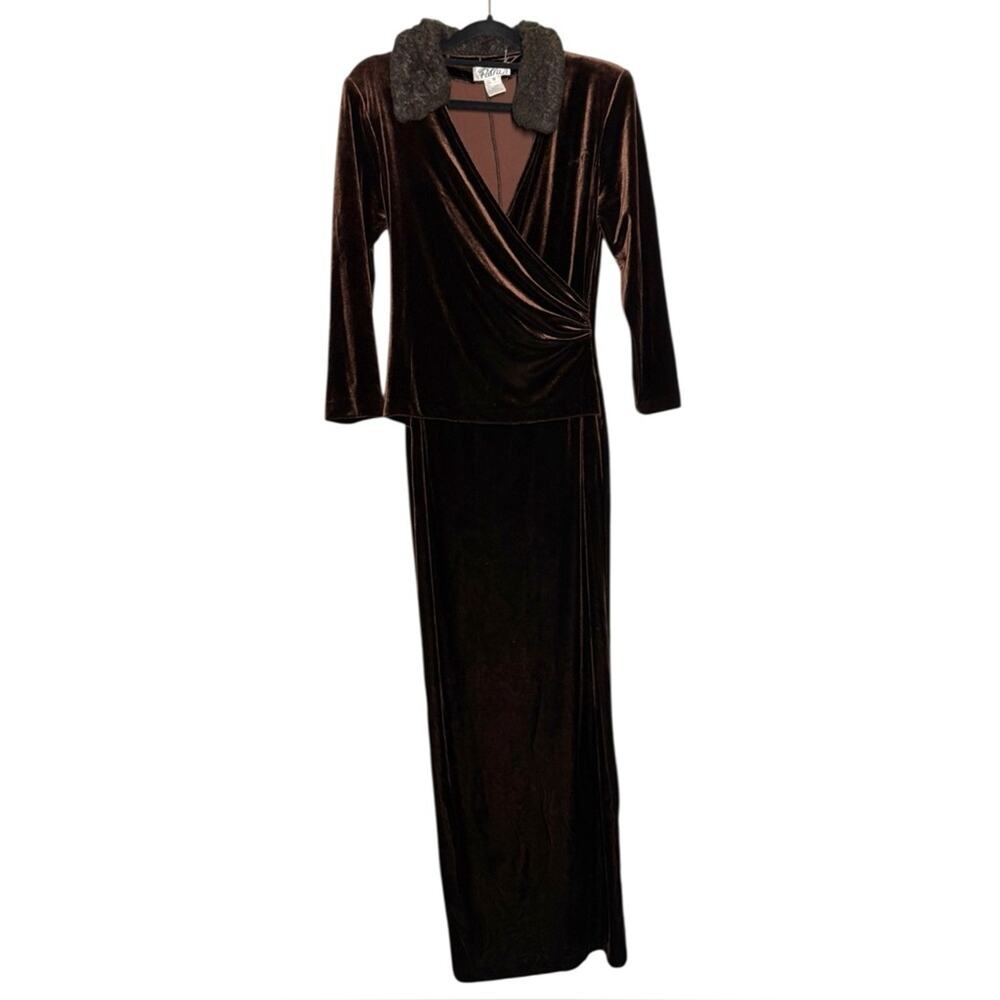 Vintage Patra Chocolate Brown Velvet Faux Fur Collar Mob Wife Classic Dress - 10